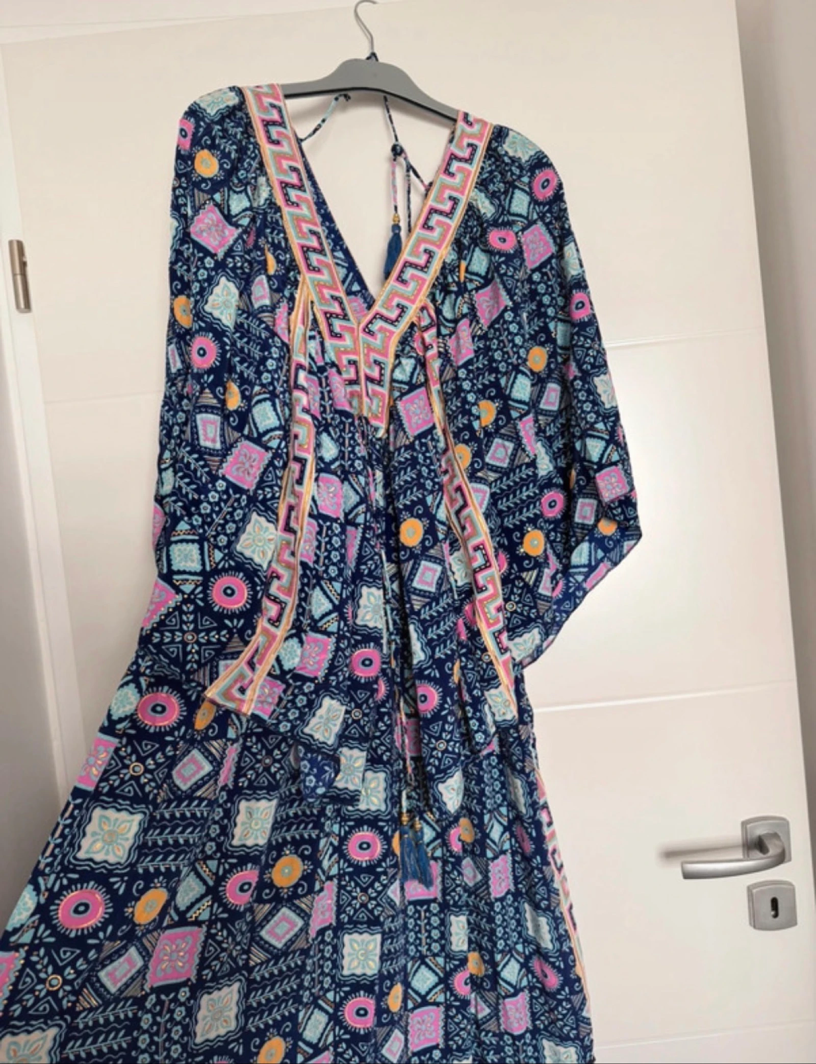 Neuf | robe bohème carré bleu rose volant légère été magnifique | taille unique élastique – photo 3